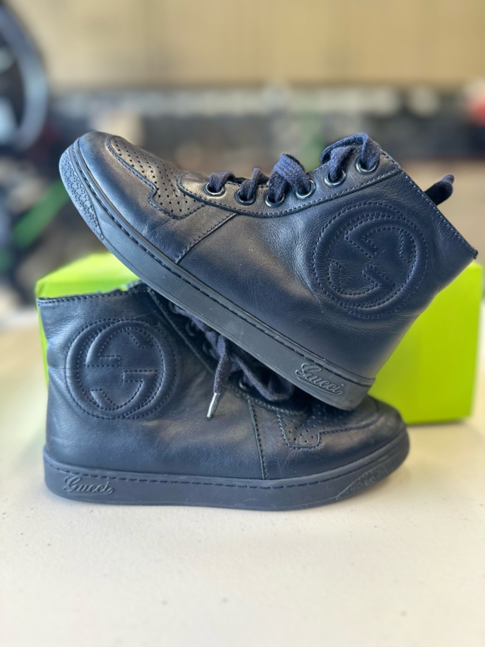 Gucci Kids Black Leather High-Top Sneakers with Embossed Logo
